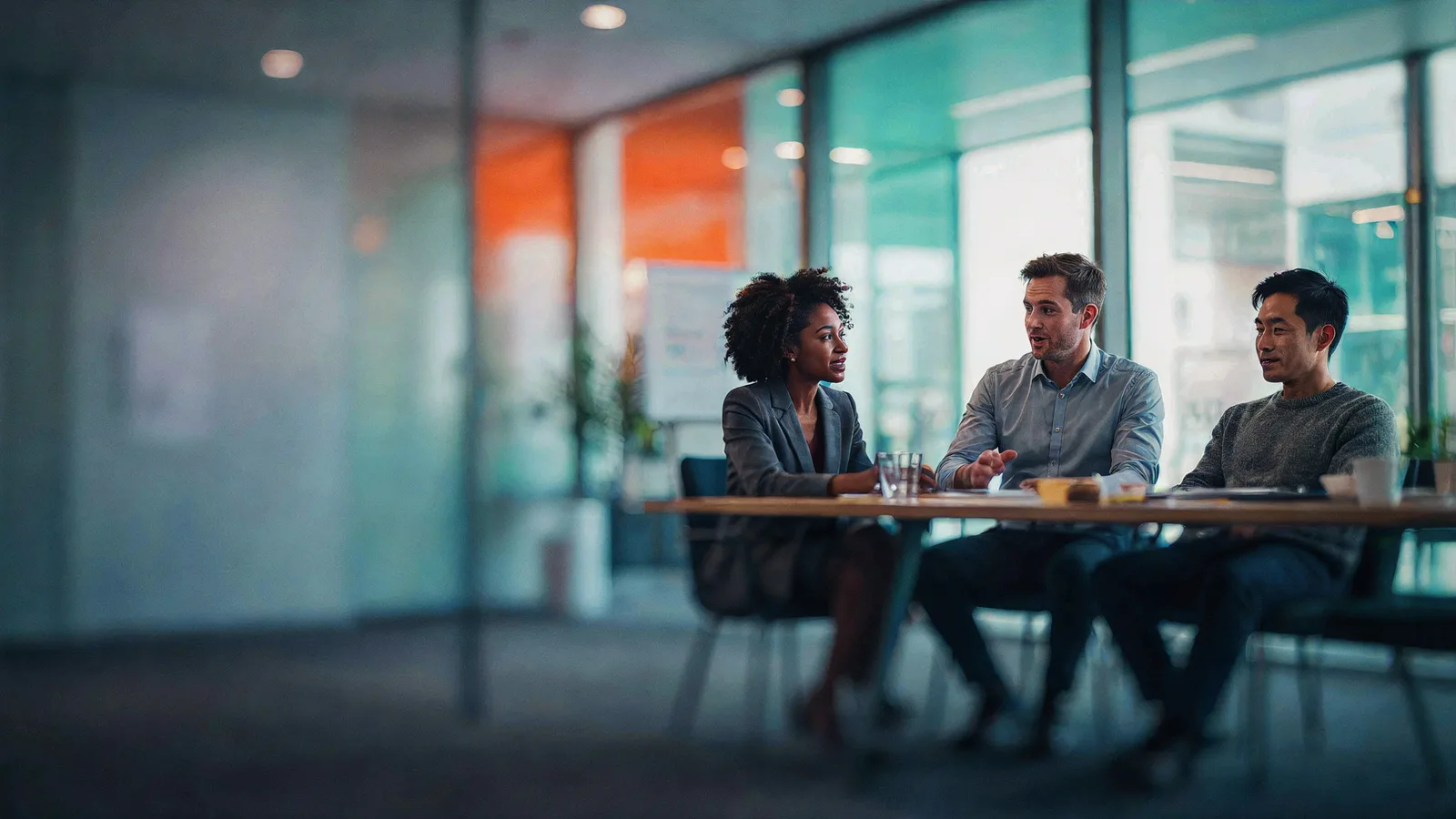 An Ovatio AI customer team collaborating in a modern enterprise workspace